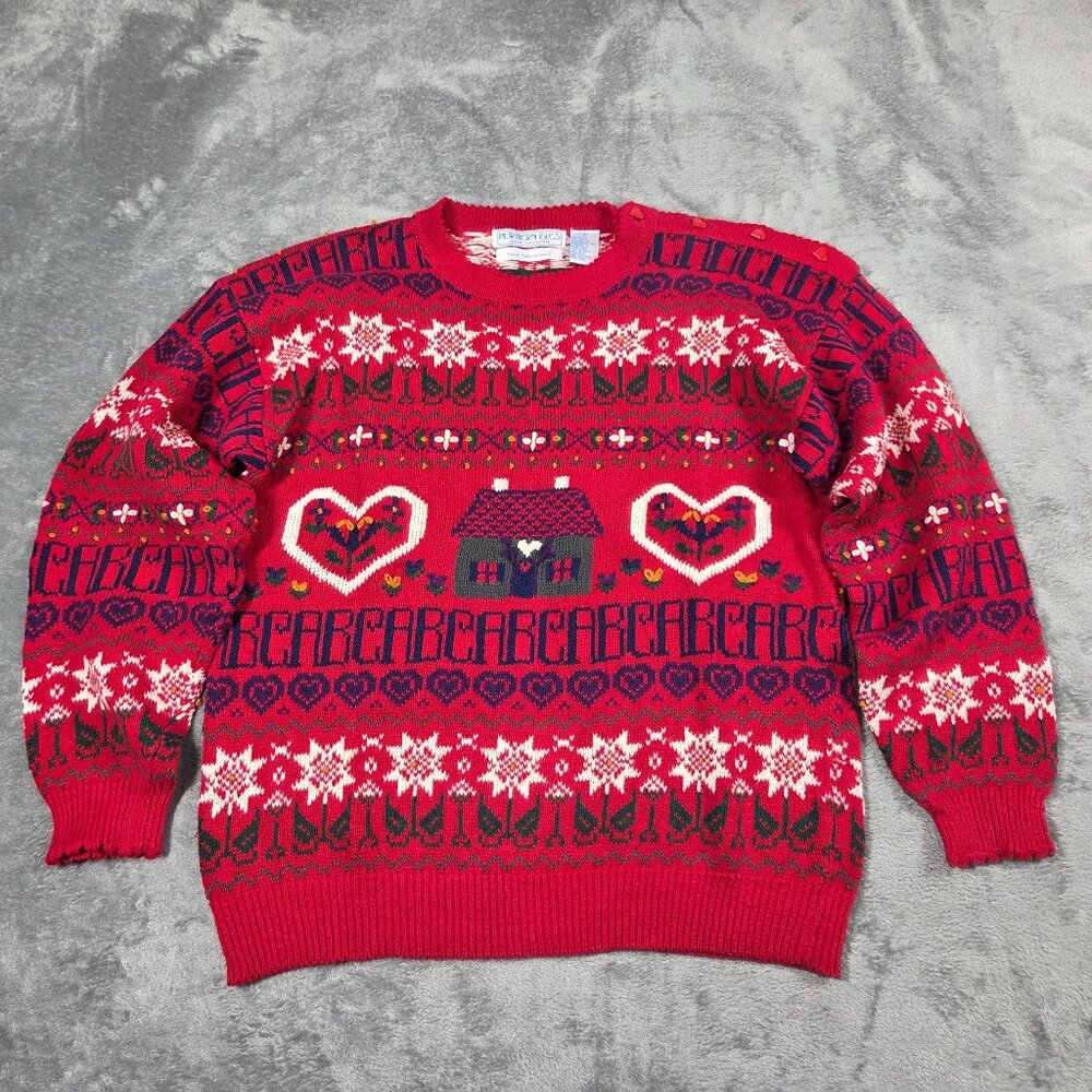 Vintage Northern Isles Sweater Womens S Red Embroidered School Teacher Grandma